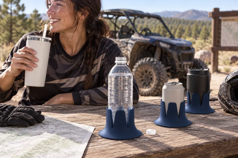 Helmet-off rider seated at trailhead picnic table beside parked offroad side by side engine off. AI lifestyle illustration.