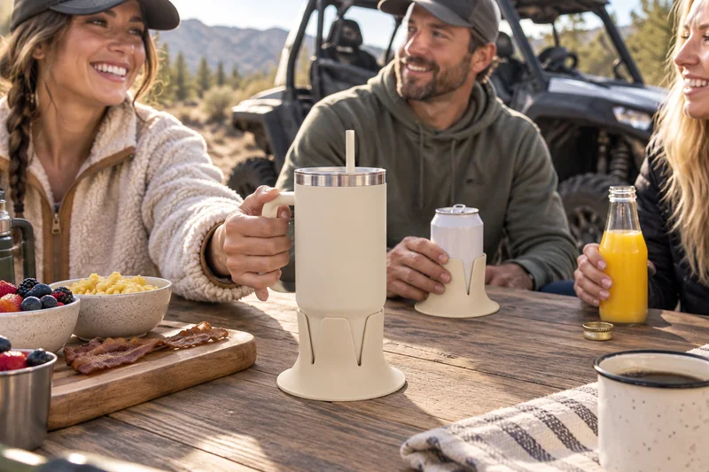 Morning camp breakfast table beside stationary UTV with helmets stored away. AI lifestyle illustration.