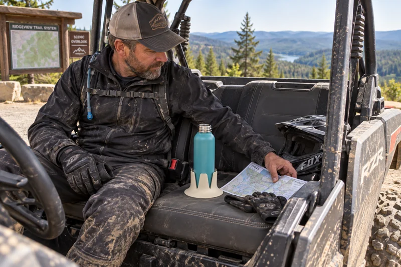 Adult taking parked side-by-side trail rest at scenic stop with uncapped sports-water bottle in Steadi on wide level stationary bench section fully supporting base, vehicle parked engine off. AI illustration.